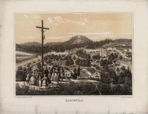 Ansicht von Marienbad, zweifarb. Lithogr., um 1860 : Marienbad / aufgenommen u. lithogr. v. Joh. Stark. - Prag : Hennig , [ca. 1860]. - 1 Kunstbl. : zweifarb. Lithogr. ; 52 x 36 cm