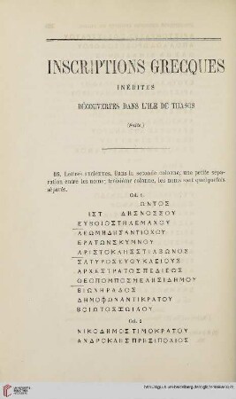 N.S. 12.1865: Inscriptions grecques inédites, [3] : découvertes dans l'ile de Thasos