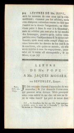 Lettre De Mr. Pope A Mr. Jaques Moyser De Beverley, Ecuyer