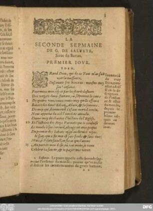 La Seconde Sepmaine De G. De Saluste, Sieur du Bartas. Premier Jour. Eden.