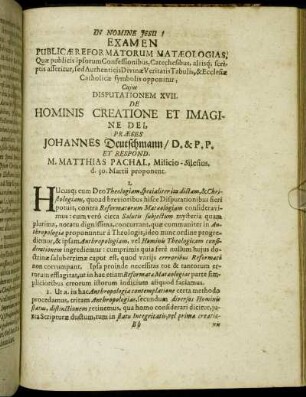 Disputationem XVII. De Hominis Creatione Et Imagine Dei
