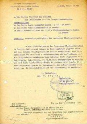 Innerbehördliches Schreiben der Gestapo Aachen zum Verbot von öffentlichen Versammlungen der Deutschen Glaubensbewegung