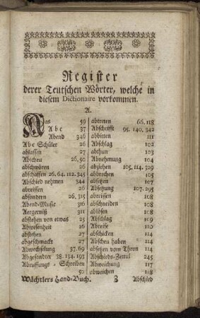 Register derer Teutschen Wörter, welche in diesem Dictionaire vorkommen.