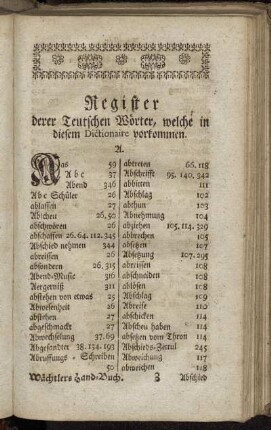 Register derer Teutschen Wörter, welche in diesem Dictionaire vorkommen.