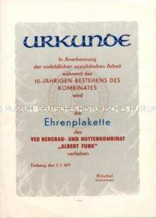 Urkunde zur Ehrenplakette des VEB Bergbau- und Hüttenkombinat "Albert Funk" (blanko)
