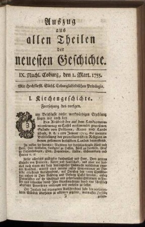 IX. Nachl. Coburg, den 1. Mart. 1755.