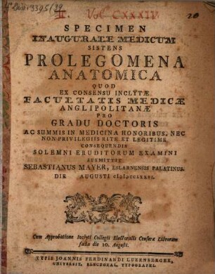 Specimen Inaugurale Medicum Sistens Prolegomena Anatomica