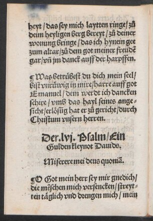 Der .lvj. Psalm/ Ein || Gulden kleynot Dauids. || Miserere mei deus quoniā. ||
