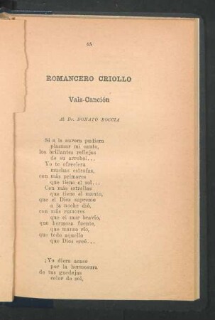 Romancero criollo : Vals-Canción. - Al Dr. Donato Boccia