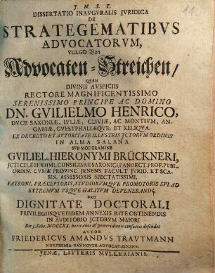 Dissertatio Inavgvralis Jvridica De Strategematibvs Advocatorvm, Vulgo Von Advocaten-Streichen