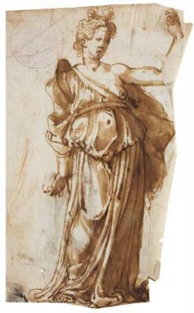 Stehende weibliche Figur mit erhobener Hand