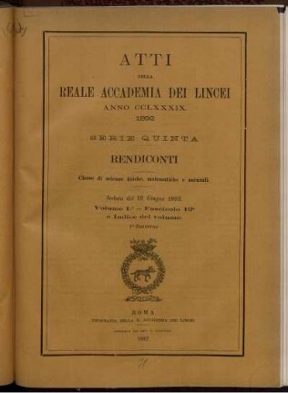 Seduta del 19 Giugno 1892 Volume I. - Fascicolo 12.