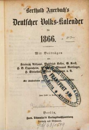 Berthold Auerbach's Volkskalender : für ... 1866