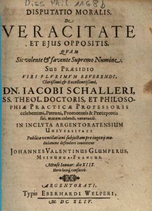 Disputatio Moralis, De Veracitate Et Ejus [Eius] Oppositis