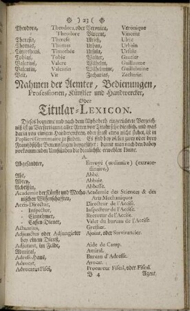 Nahmen der Aemter, Bedienungen, Professionen, Künstler und Handwercker, Oder Titular-Lexicon