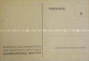 Blanko Postkarte: "Nordische Auslandsinstitute der Universität Greifswald. Schwedisches Institut"; Greifswald, um 1935