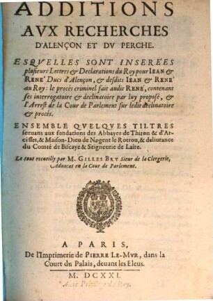 Additions aux recherches d'Alençon etc.