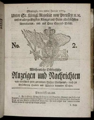No. 2. Montags, den 10ten Januar 1774