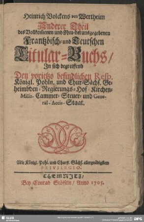 Heinrich Volckens von Wertheim Anderer Theil des Vollkom[m]enen und Neu-Herausgegebenen Frantzösisch- und Teutschen Titular-Buchs ...