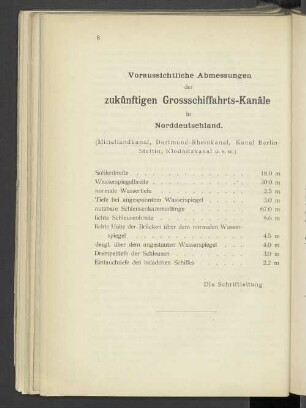 Vorraussichtliche Abmessungen der zukünftigen Grossschiffahrts-Kanäle in Norddeutschland.