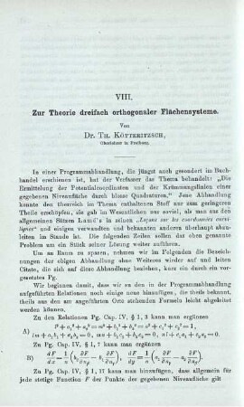 VIII. Zur Theorie dreifach orthogonaler Flächensysteme.