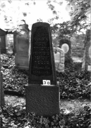 Grabstein 38 (Index: 100081725) Material: Granit Zustand: gut Maße HxBxT: 167x54x28 cm Beschreibung: stark konische Stele, Sockel, Segmentbogenabschluß: Grabstein 38 (1)