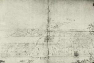 Entwurf für eine Schloßanlage in Pillnitz aus der Vogelschauperspektive : Entwurf für eine Schloßanlage in Pillnitz aus der Vogelschauperspektive. Bleistift; 52,5 x 77,5 cm