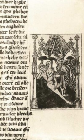 Erschaffung Evas : Erschaffung Evas. Kupferstich, koloriert (um 1450). Dresden: Kupferstich-Kabinett