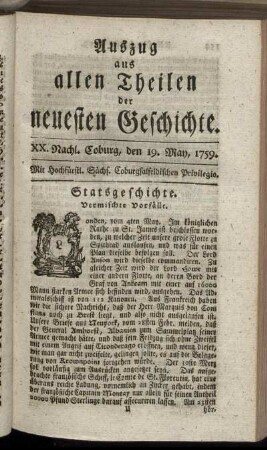 XX. Nachl. Coburg, den 19. May, 1759.