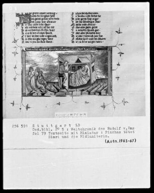 Weltchronik des Rudolf von Ems — Pinkas tötet Simri und die Medianiterin, Folio 79recto