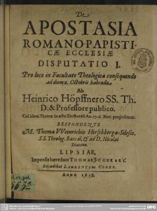1: De apostasia romano-papisticae ecclesiae disputatio ...