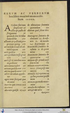 Rerum Ac Verborum hoc libro maxime memorabilium Index