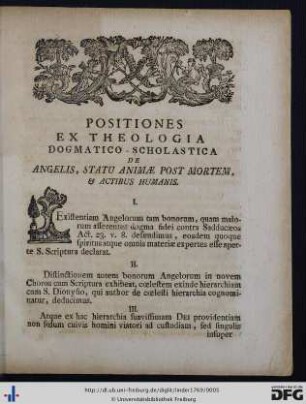 Positiones Ex Theologia Dogmatico-Scholastica De Angelis, Statu Animae Post Mortem, Et Actibus Humanis.