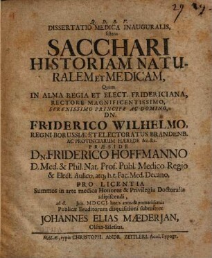 Diss. inaug. med. sistens sacchari historiam naturalem et medicalem