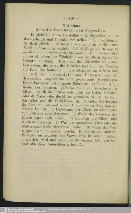 Mitteilung über die Freistellen und Stipendien