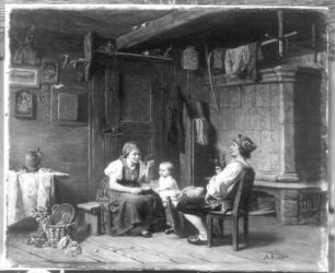Bauernfamilie, Mutter ihr Kleinkind fütternd