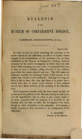 Bulletin of the Museum of Comparative Zoology. 1, 1. 1863/69