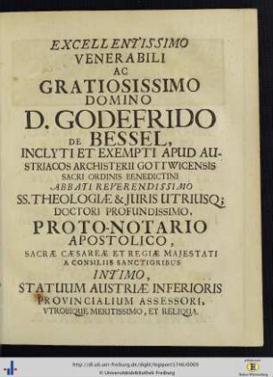 Excellentissimo Venerabili Ac Gratiosissimo Domino D. Godefrido De Bessel …