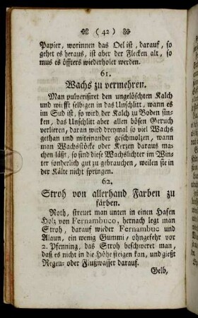 62. Stroh von allerhand Farben zu färben. - 119. Aus dem Vitriol ein fires, weisses Salz zuzubereiten,[...]