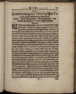 VIII. Beantworttung der Theologischen Facultät zu Greiffswald in Pommern