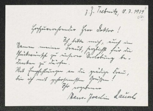 Brief von Hans-Joachim Rausch an Gerhart Hauptmann