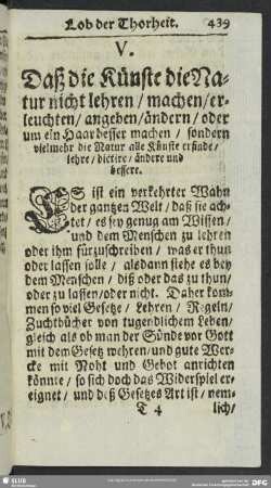 V. Daß die Künste die Natur nicht lehren, machen, erleuchten, angeben, ändern, oder um ein Haar besser machen, sondern vielmehr die Natur alle Künste erfinde, lehre, dictire, ändere und bessere