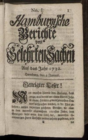 No. I. Hamburg, den 2 Januar 1732 - No. IX. Hamburg, den 30 Januar 1732