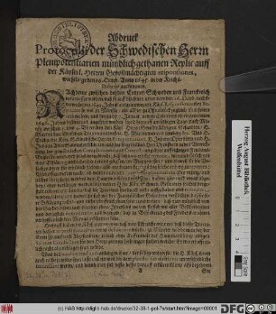 Abdruck Protocolli Der Schwedischen Herrn Plenipotentiarien mündlich gethanen Replic auff der Keyserl. Herren Gevollmächtigten Responsiones, wie selbige den 16. Octob. Anno 1645. in der Reichs-Dictatur auskommen