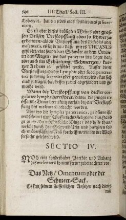 Sectio IV. [Das Netz/ Omentum oder der Schmeer-Sack]