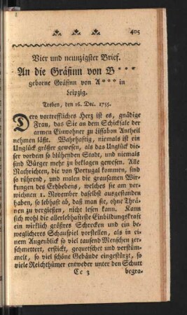 Vier und neunzigster Brief. An die Gräfinn von B*** geborne Gräfinn von A*** in Leipzig