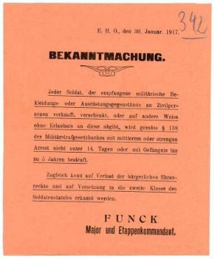 "Bekanntmachung." Verbot des Verkaufes militärischer Gegenstände durch Soldaten an Zivilpersonen