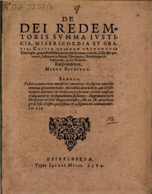 De Dei Redemtoris Svmma Ivsticia, Misericordia Et Gratia, Capita Qvaedam Orthodoxae Theologiae