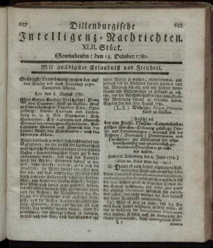 XLII. Stück. Sonnabends : den 14. October 1780.
