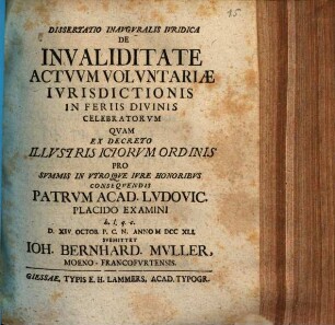 Diss. inaug. iur. de invaliditate actuum voluntariae iurisdictionis in feriis divinis celebratorum
